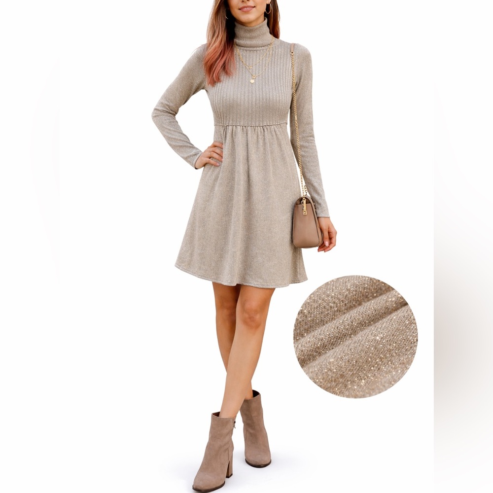 ZARA Chic Long Sleeve Beige Golden Shimmer Turtleneck Dress medium